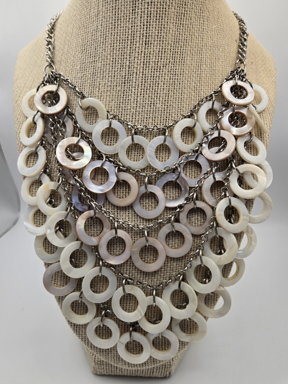 Chico's Layered Mother-of-Pearl Ring Statement Necklace White Silvertone Beach